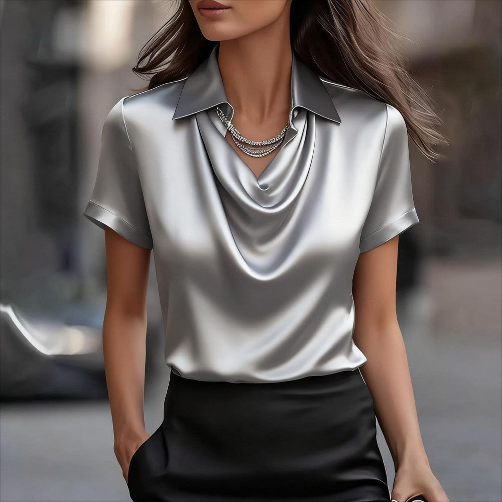 Camisa de satén de manga corta para mujer, sencilla y elegante.