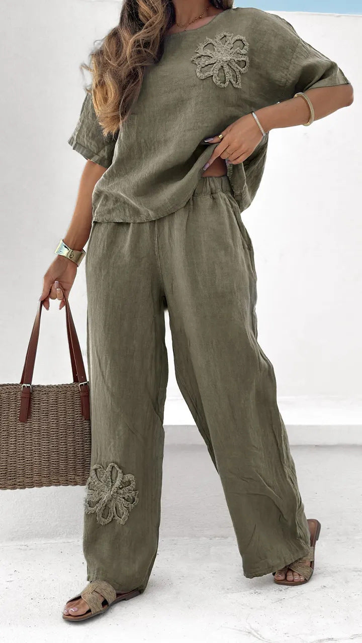 【40-120 kg】【S-5XL】👩💼Elegantní dvoudílná souprava s vyšívanými květinami pro ženy 【Top + kalhoty】