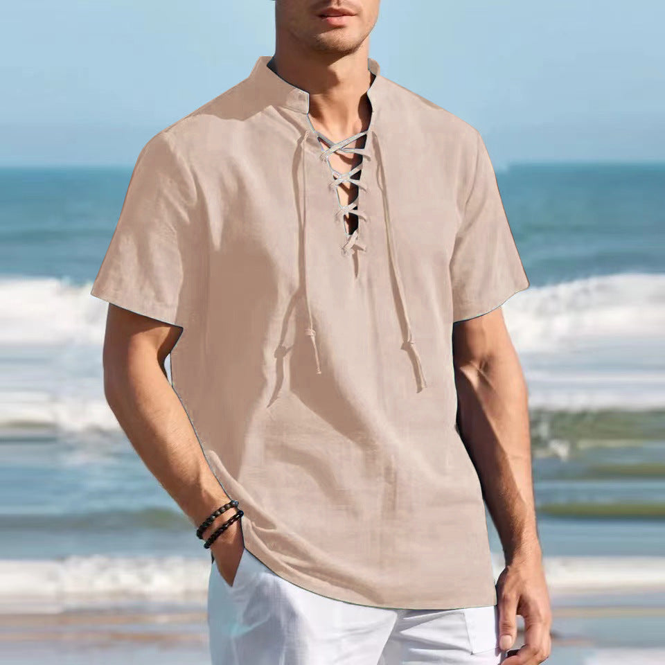 🏄♂️👔【Sleva 50 % 🔥】【S–3XL】Pánské Henley tričko z bavlny a lnu, ve větších velikostech, s výstřihem do V a dekorativní šňůrkou