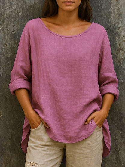 Pago contra reembolso 🦋🦋【S-3XL】Camiseta holgada y moderna de algodón y lino, con cuello redondo y estilo retro, para mujeres de tallas grandes.