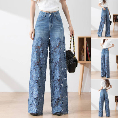 🔥 Pantalones vaqueros azules de talle alto y pierna ancha con costuras de encaje [40 kg-120 kg]