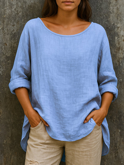 Pago contra reembolso 🦋🦋【S-3XL】Camiseta holgada y moderna de algodón y lino, con cuello redondo y estilo retro, para mujeres de tallas grandes.