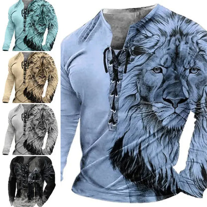 🦁🦁🦁Męski, swobodny T-shirt z długim rękawem i nadrukiem 3D