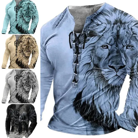 🦁🦁🦁Męski, swobodny T-shirt z długim rękawem i nadrukiem 3D