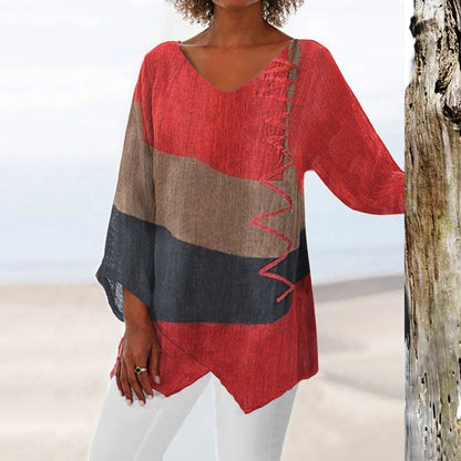 ⏳ Poslední den – sleva 50 % 😍【S~5XL】Dámský elegantní ležérní top s výstřihem do V a dlouhým rukávem, uměleckým vzorem a potiskem