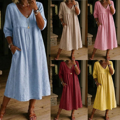 ✅ 【Oferta por tiempo limitado: Tallas S–3XL】 Vestido casual de lino y algodón, de corte holgado y cuello en V, con detalles de encaje.