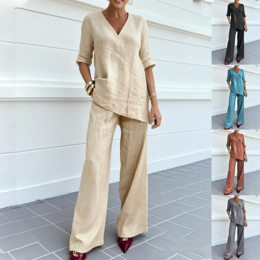 ❤️50% sleva 💥【40-100kg】2026 Bavlněný a lněný jednobarevný top s krátkým rukávem a výstřihem do V + rovné ležérní kalhoty ✅️Platba na dobírku