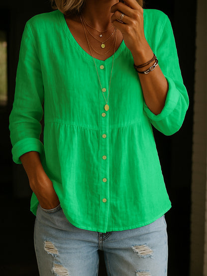 【S-3XL】Camisa de mujer de mezcla de lino y algodón con cuello en V