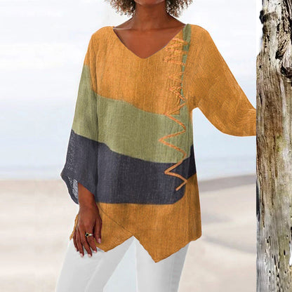 ⏳ Último día - 50% de descuento 😍【S~5XL】Elegante top casual para mujer con cuello en V y mangas largas, estampado artístico