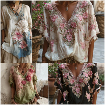 🌺【Omezená nabídka】Elegantní halenka s květinovým potiskem a hlubokým výstřihem do V 【S-4XL】
