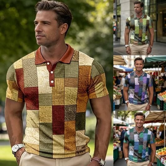 👕【S-5XL】Nové pánské kostkované pruhované polo tričko z bavlny a lnu