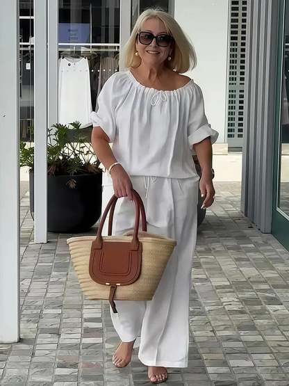 👑💃Conjunto de Verano 2026 – Algodón y Lino de Corte Holgado 【Blusa de Cuello Redondo con Cordón + Pantalones】