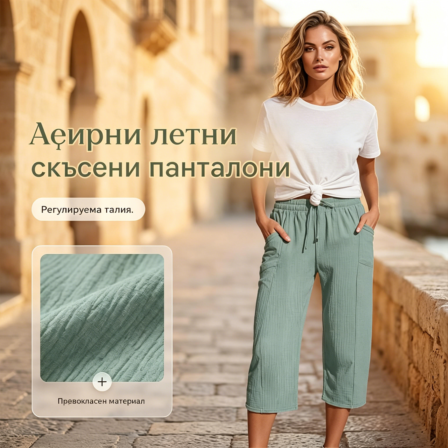 🔥✨【Έκπτωση 50%】Νέα καλοκαιρινά γυναικεία πλισέ καπρί παντελόνια από βαμβάκι και λινό, μονόχρωμα