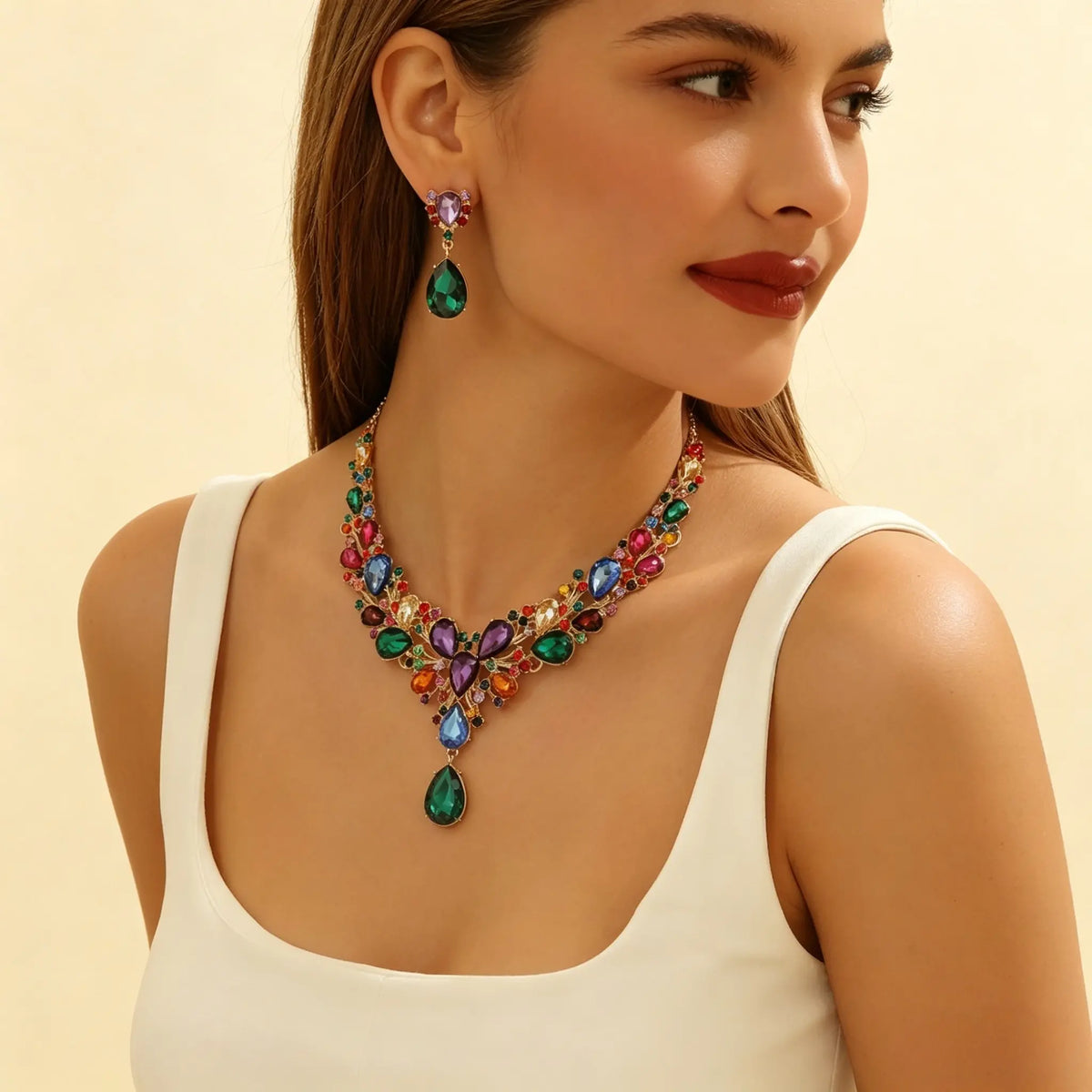 💎✨【Nyaklánc + Fülbevaló】💖Új nyaklánc- és fülbevalószett színes cirkónia kövekkel.