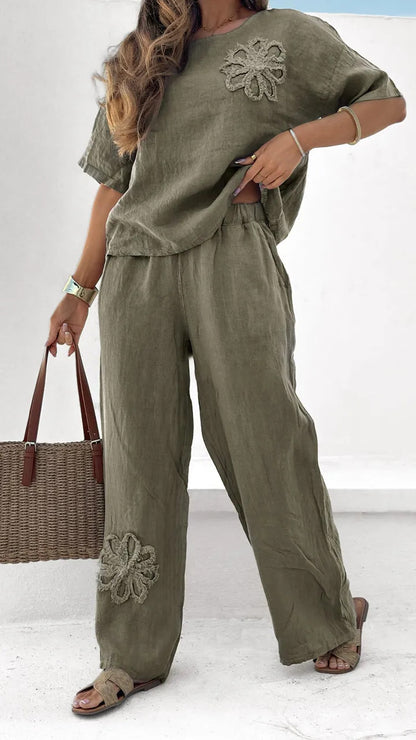 【40-120 kg】【S-5XL】👩‍💼Elegantní dvoudílná souprava s vyšívanými květinami pro ženy 【Top + kalhoty】