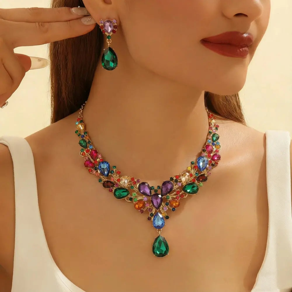 💎✨【Nyaklánc + Fülbevaló】💖Új nyaklánc- és fülbevalószett színes cirkónia kövekkel.
