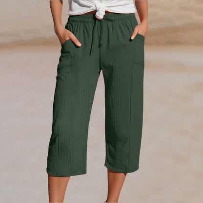🌸Pantalones cropped plisados de color sólido para mujer, de algodón y lino