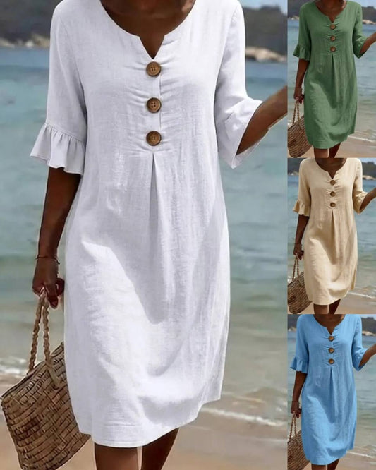 🏖️👗【S-3XL】Ženska obleka iz bombaža in lana z napihnjenimi rokavi in gumbi