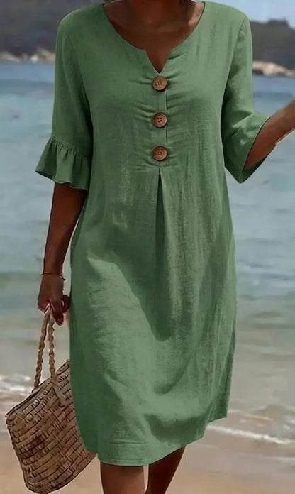 🏖️👗【S-3XL】Vestido de mujer de algodón y lino con mangas abullonadas y botones