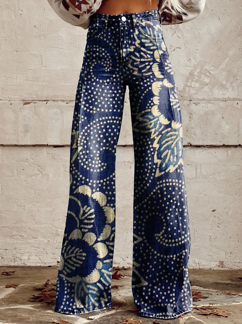 🔥 Pantalones vaqueros azules de talle alto y pierna ancha con costuras de encaje [40 kg-120 kg]