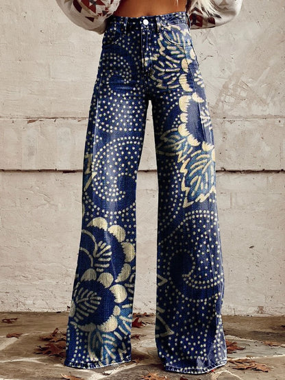 🔥 Pantalones vaqueros azules de talle alto y pierna ancha con costuras de encaje [40 kg-120 kg]