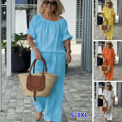 👑💃Conjunto de Verano 2026 – Algodón y Lino de Corte Holgado 【Blusa de Cuello Redondo con Cordón + Pantalones】