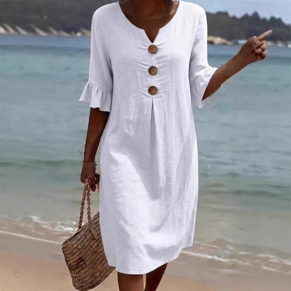 🏖️👗【S-3XL】Ženska obleka iz bombaža in lana z napihnjenimi rokavi in gumbi
