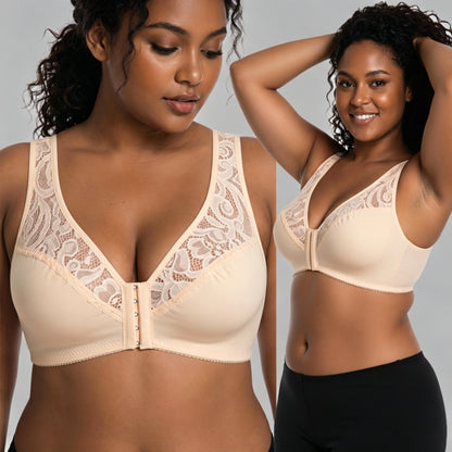 💖¡Precio mínimo histórico! 【Conjunto de 3 piezas】 【Tallas L-4XL】 😍🩲 Sujetador push-up para tallas grandes: hermoso encaje, diseño con efecto realce y copas, cierre frontal.