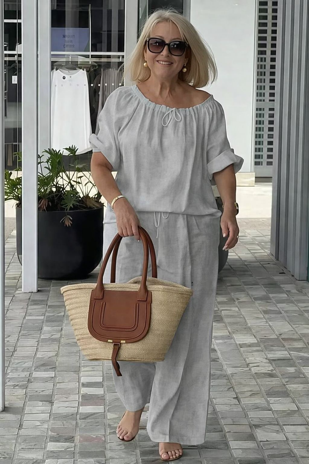 👑💃Conjunto de Verano 2026 – Algodón y Lino de Corte Holgado 【Blusa de Cuello Redondo con Cordón + Pantalones】