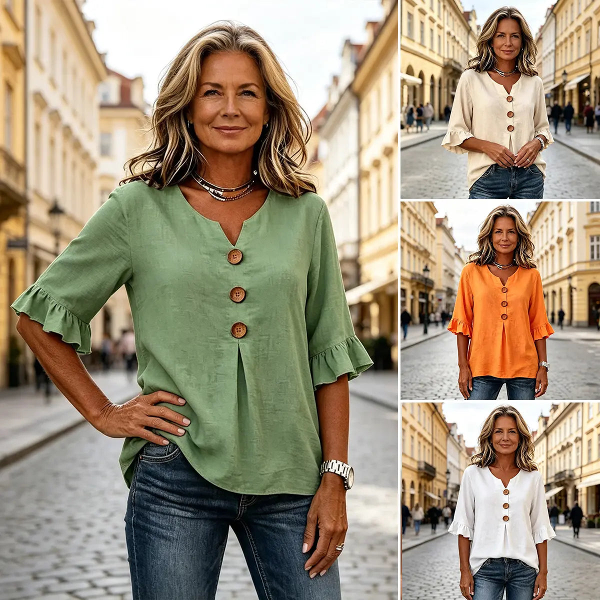 🔥【S-3XL】 Nowa damska koszula z dekoltem w serek i falbankami, mieszanka bawełny i lnu, zapięcie na guziki: prosta i elegancka.