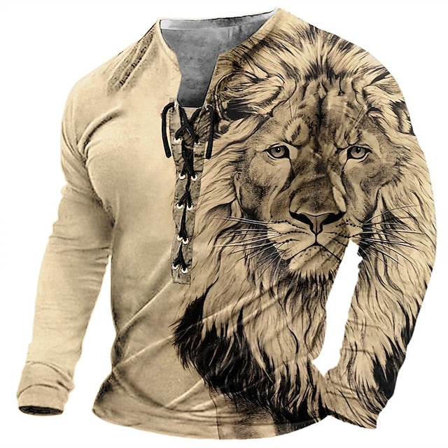 🦁🦁🦁Męski, swobodny T-shirt z długim rękawem i nadrukiem 3D