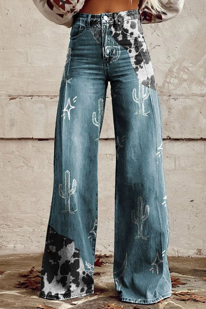 🔥 Pantalones vaqueros azules de talle alto y pierna ancha con costuras de encaje [40 kg-120 kg]