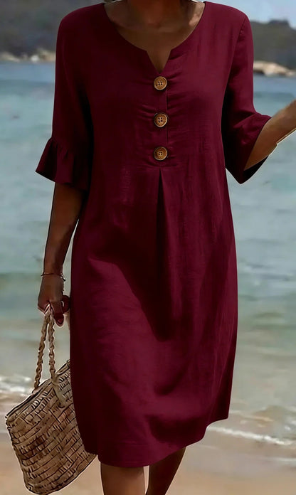 🏖️👗【S-3XL】Vestido de mujer de algodón y lino con mangas abullonadas y botones