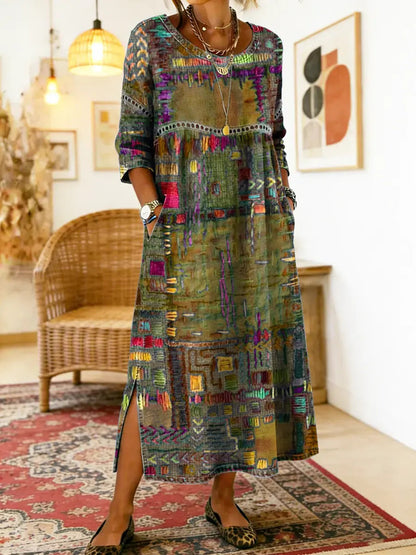 ✨ Zadnji dan 50% popusta!【S-5XL】Poletna retro obleka z okroglim izrezom in potiskom, lahka in zračna, oprijeta in enostavna za kombiniranje.