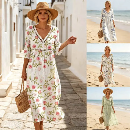 👗【S-5XL】Długa damska sukienka z bawełny i lnu z nadrukiem – letni styl, dekolt w serek
