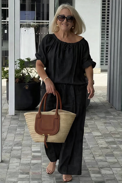 👑💃Conjunto de Verano 2026 – Algodón y Lino de Corte Holgado 【Blusa de Cuello Redondo con Cordón + Pantalones】