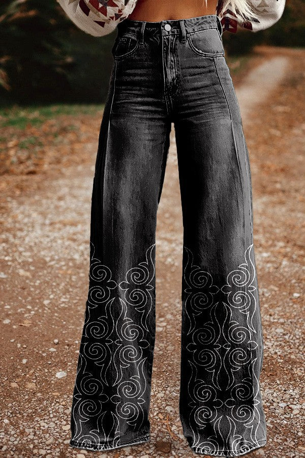 🔥 Pantalones vaqueros azules de talle alto y pierna ancha con costuras de encaje [40 kg-120 kg]