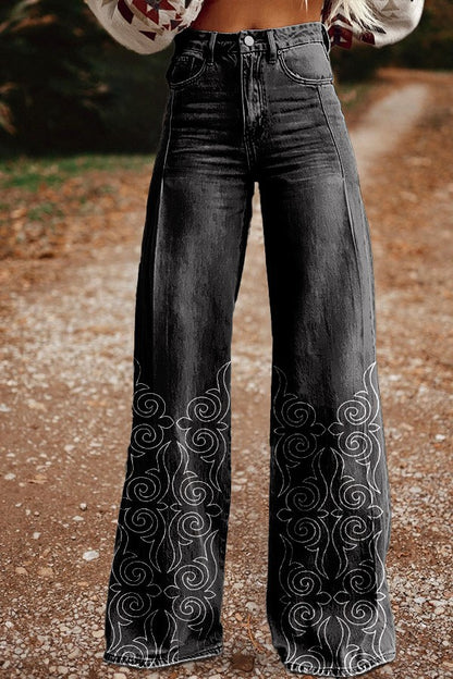 🔥 Pantalones vaqueros azules de talle alto y pierna ancha con costuras de encaje [40 kg-120 kg]