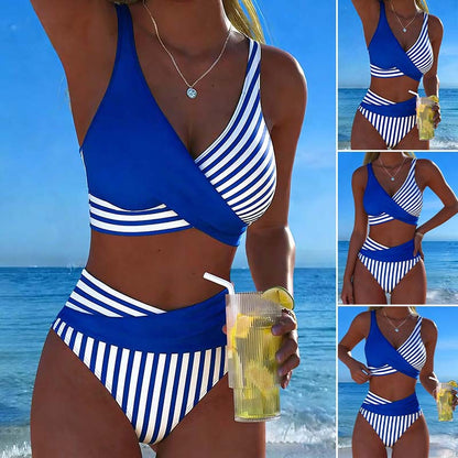 🩱🤩【40-100kg】🌟Μπικίνι δύο τεμαχίων με χρωματιστές λεπτομέρειες - ριγέ σχέδιο