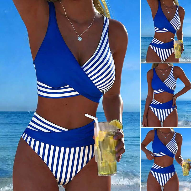 【S-3XL】Bikini de dos piezas con bloques de color y estampado de rayas – Pago contra entrega