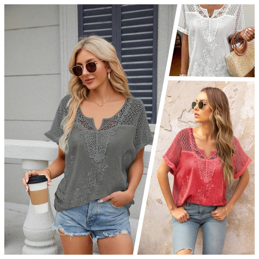 ✨👚【S–6XL】Dámská Halenka s Krajkovým Výstřihem do V | Vyšívaná Letní Halenka s Krátkým Rukávem |🌸