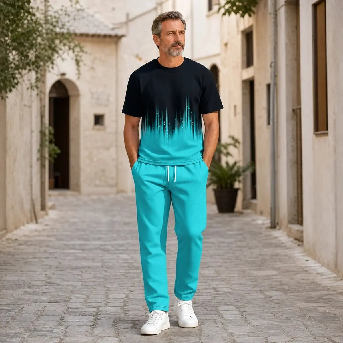 ⚡ Stylová pánská souprava s moderním gradientním potiskem | Tričko a tepláky ✨