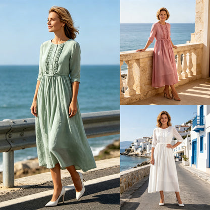 🌺💃♥【Sleva 50 %】Dlouhé letní dovolenkové šaty s kulatým výstřihem a staženým pasem z bavlny a lnu
