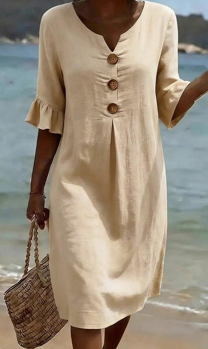 🏖️👗【S-3XL】Vestido de mujer de algodón y lino con mangas abullonadas y botones