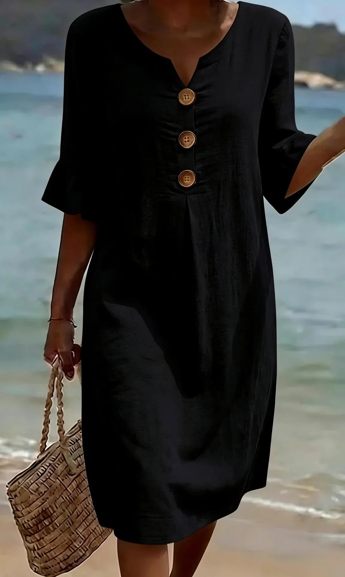 🏖️👗【S-3XL】Ženska obleka iz bombaža in lana z napihnjenimi rokavi in gumbi