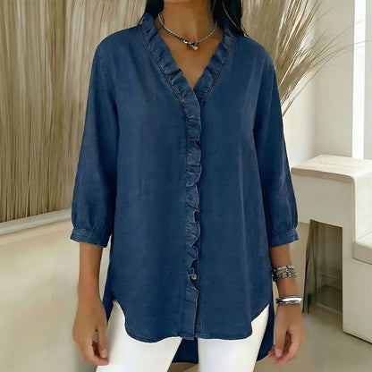 🔥 Pago contra reembolso ✅️【40-100kg】Camisa vaquera informal para mujer con cuello en V y volantes