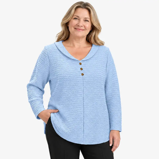 ⭐【XL-5XL】🎁💖 Nov ženski zgornji del v velikostih plus-size z zapenjanjem na gumbe in v enobarvni izvedbi; odlikujejo ga teksturirana, nagubana tkanina in okrogel ovratnik (tipa Peter Pan).