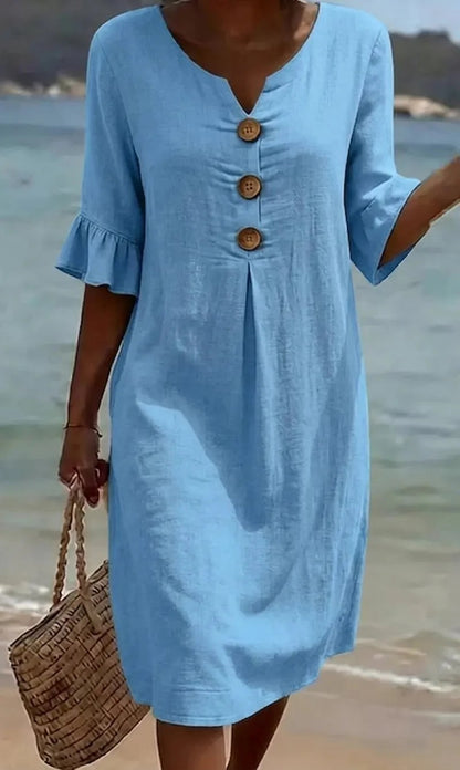 🏖️👗【S-3XL】Vestido de mujer de algodón y lino con mangas abullonadas y botones