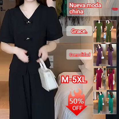 🌸【Top + Pantalones anchos】Conjunto casual de moda