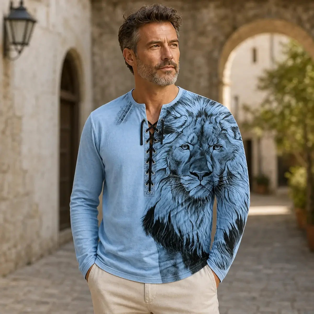 🦁🦁🦁Męski, swobodny T-shirt z długim rękawem i nadrukiem 3D